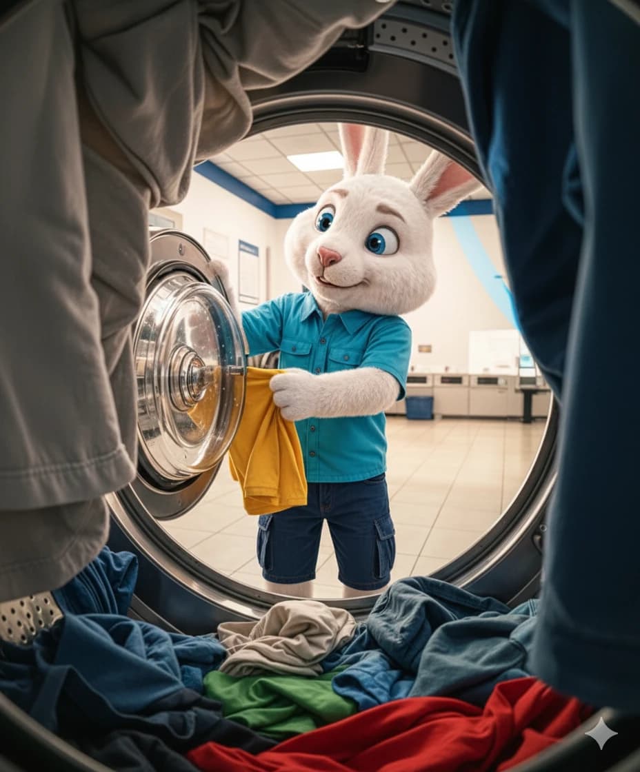 Mascote colocando uma peça de roupa na máquina