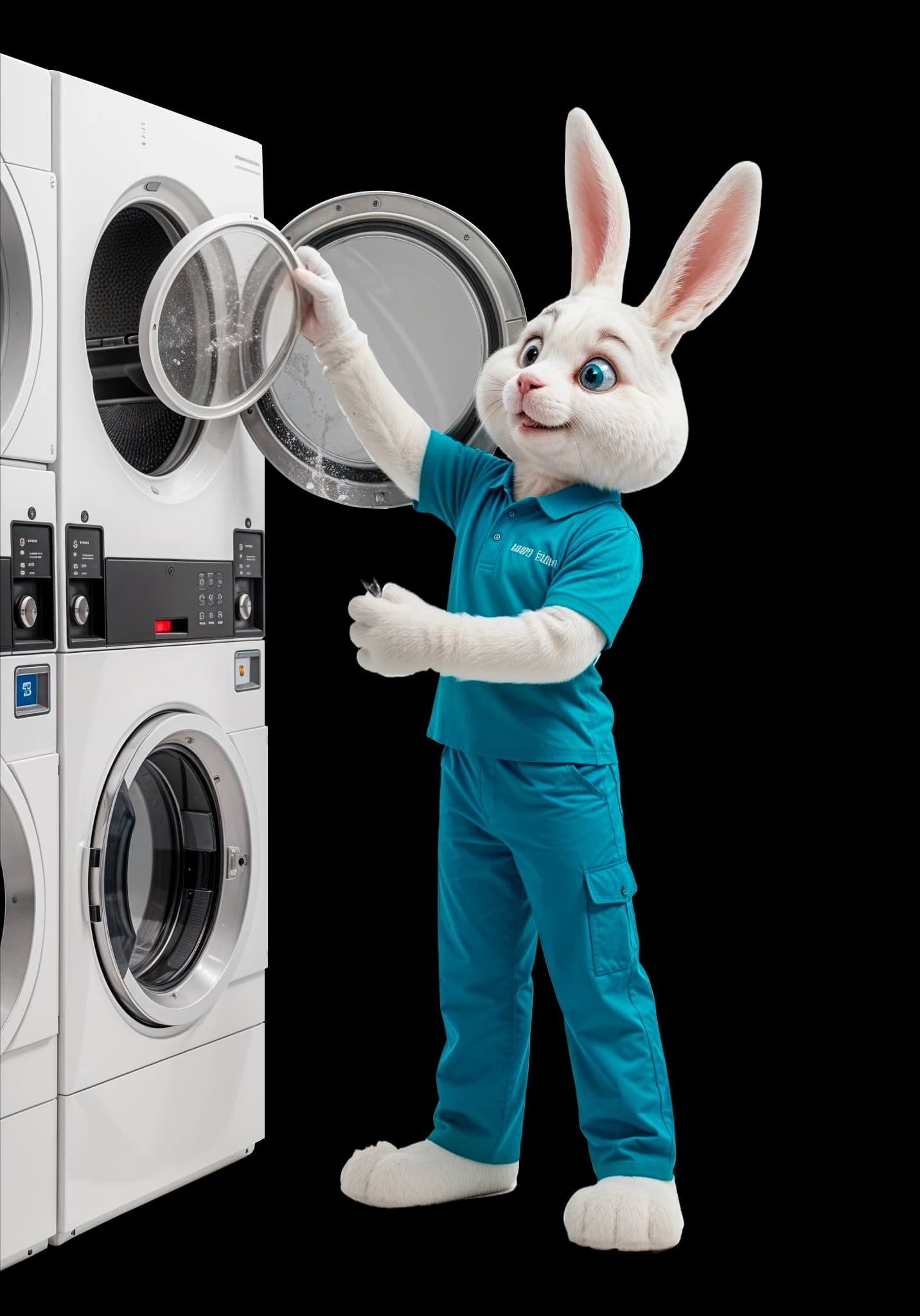 Mascote ao lado de uma máquina de lavanderia