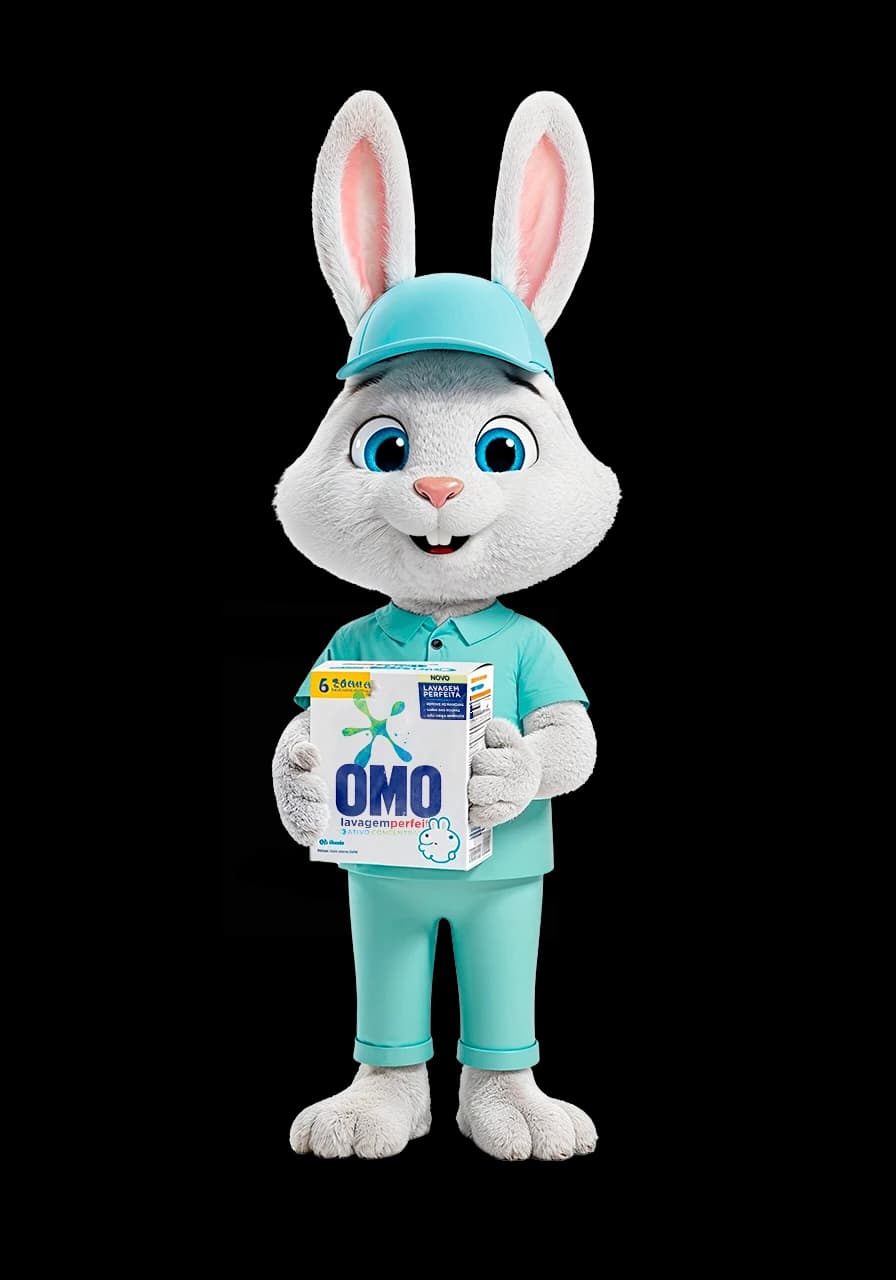 Mascote da Leva & Lava segurando OMO