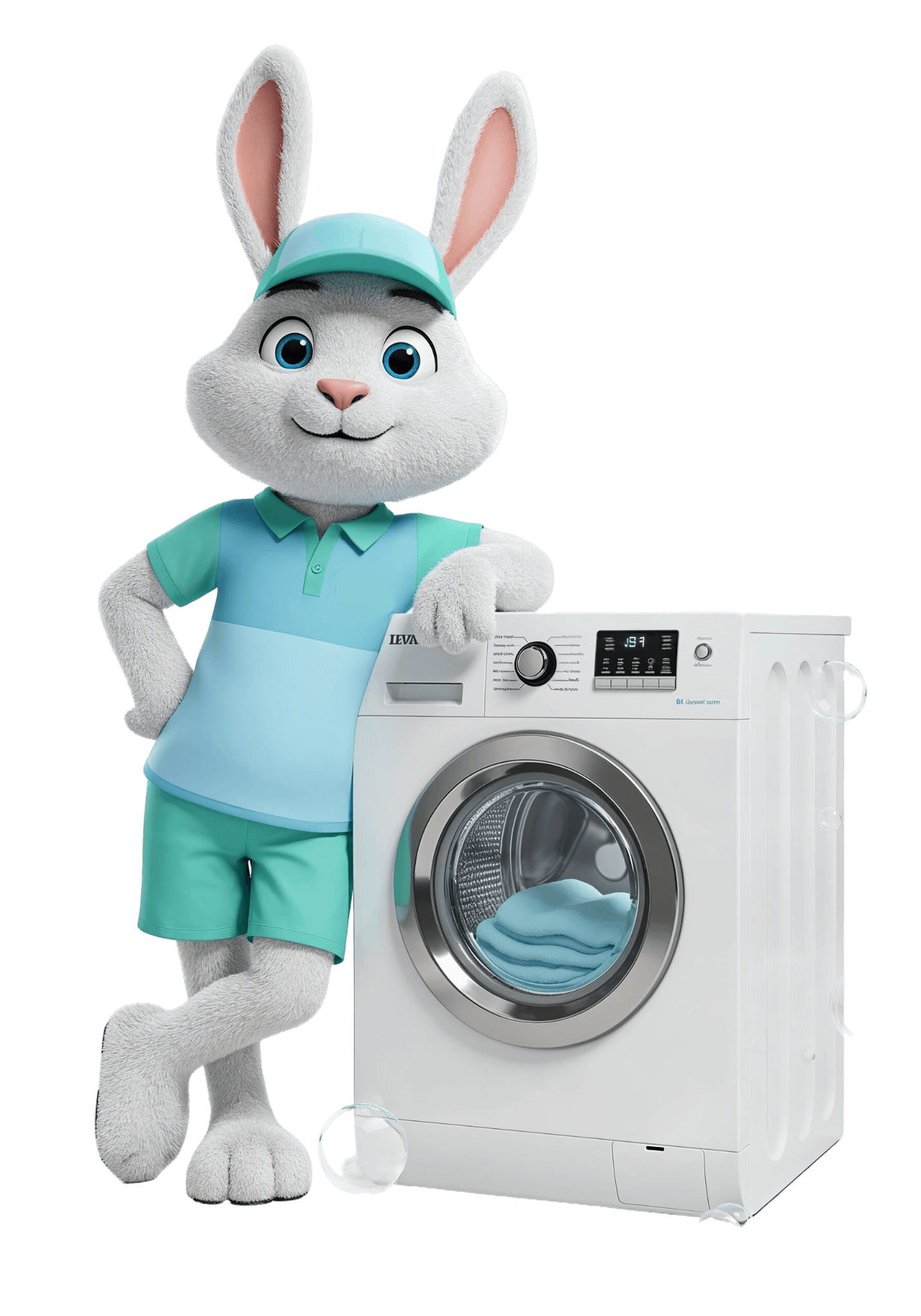 Mascote da Leva & Lava ao lado de uma máquina de lavar
